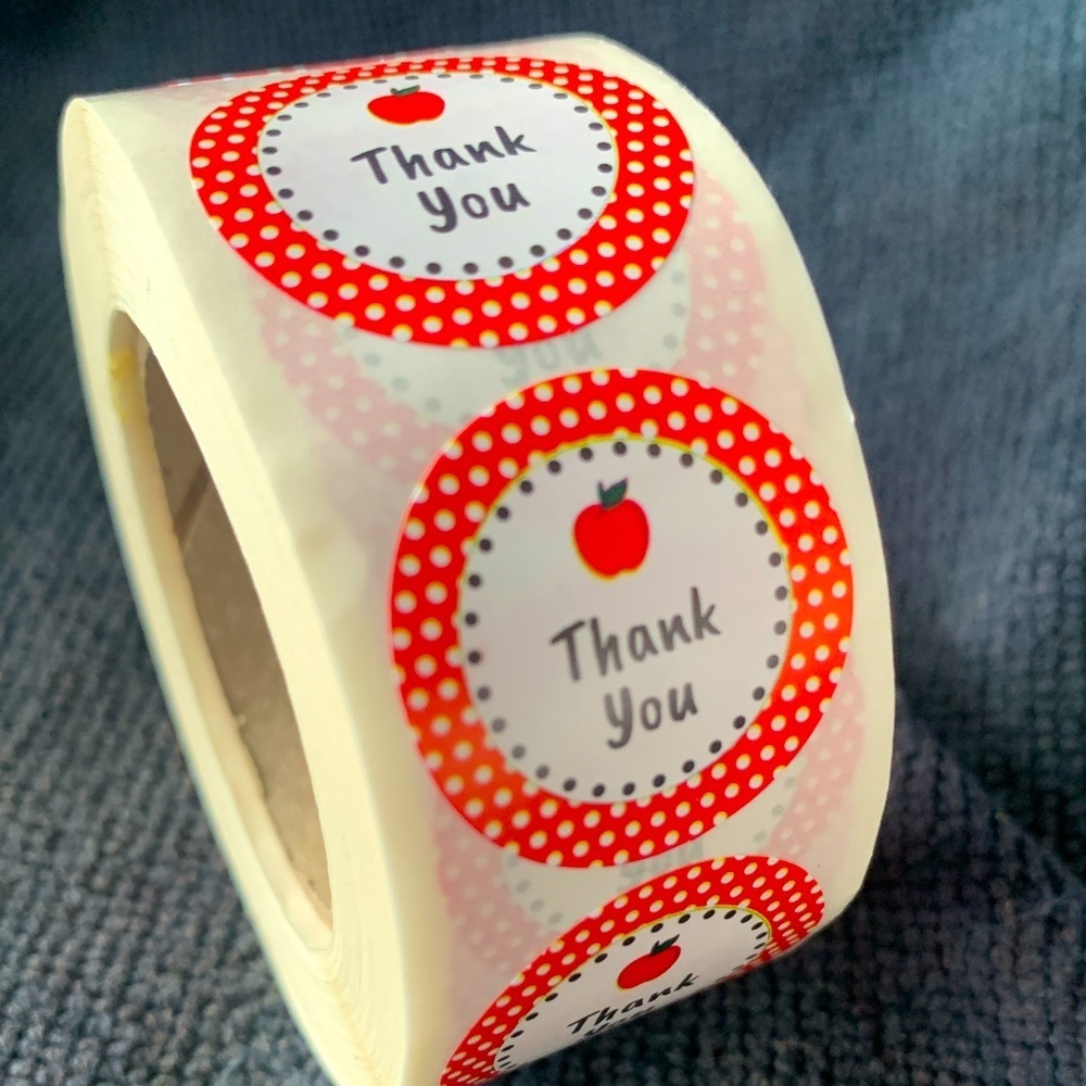 Thank You Sticker Labels 500 labels on roll. 1” Round NWT Apple Dots